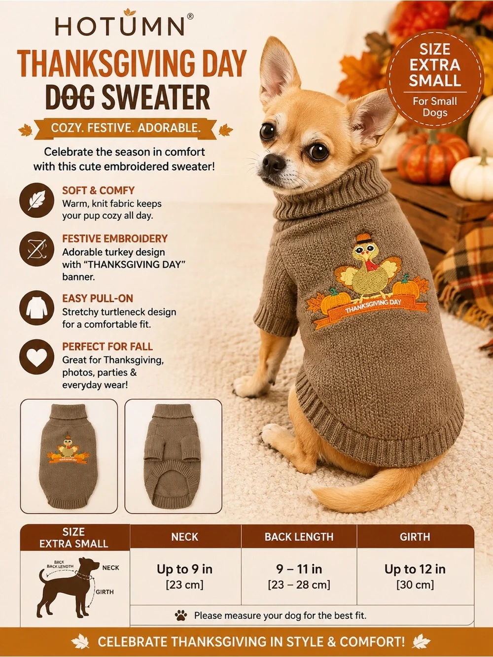 HOTUMN Thanksgiving Day Dog Sweater - Brown